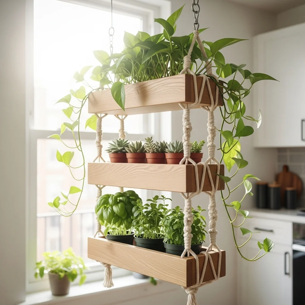 Rope and Wood Hanging Planters